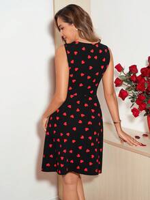 Amorya 女士优雅黑红爱心图案短连衣裙，适合通勤、办公、日常休闲穿着，百搭春夏款 - 紅色和黑色 - 查看 3