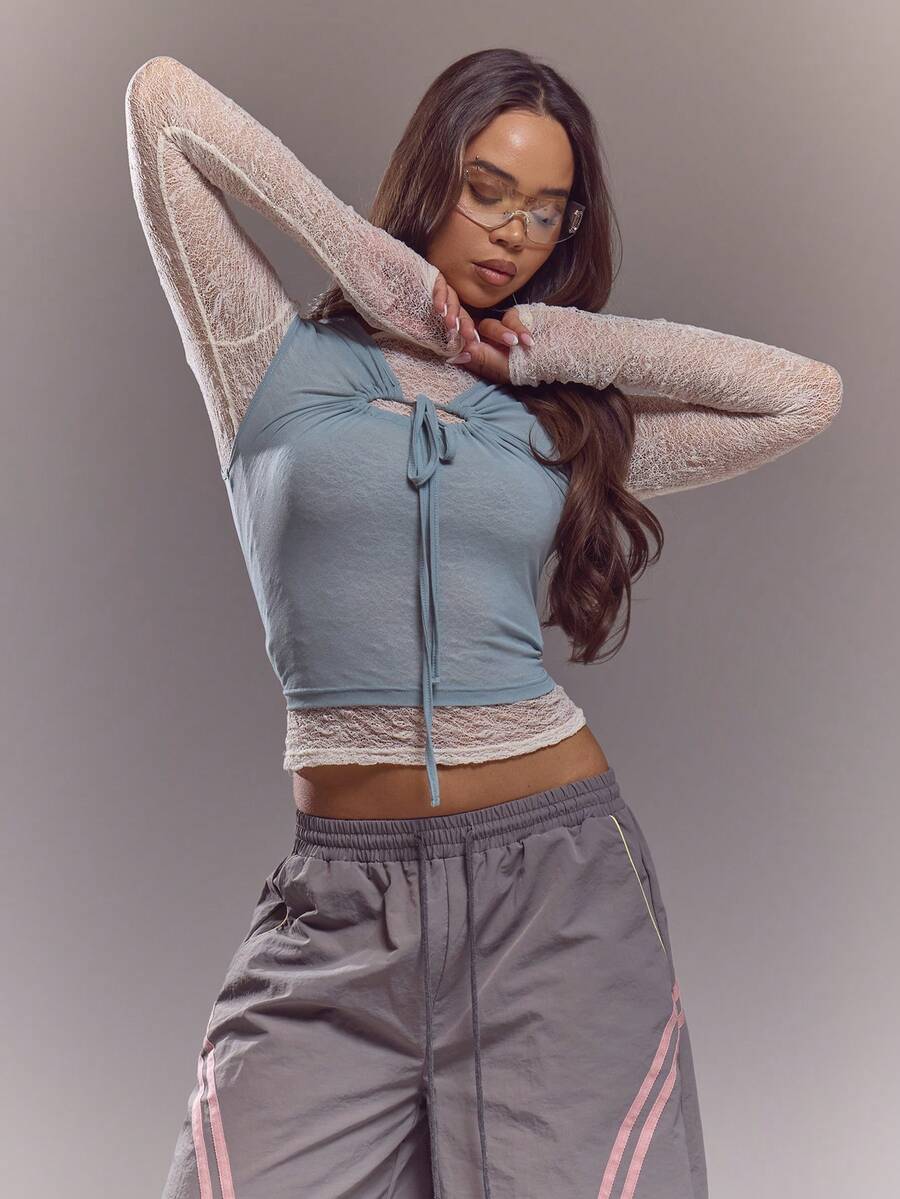 MUSERA 2PCS Layered Lace Underlay Long Sleeve Top Spring Summer Cute Sexy Streetwear Night Out Ballet Sleeze - Blue and White - View 1