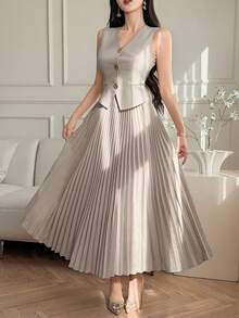 DAZY 女士休闲纯色仿口袋褶裥背心半裙套装，春夏婚礼宾客礼服 - 米色 - 查看 4