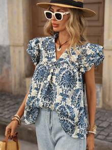 Brillora 女士印花梭织度假衬衫，春夏款 - 藍白色 - 查看 7