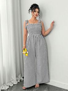 Elenzga Bộ áo liền quần nữ cỡ lớn kiểu dáng thường ngày, chất liệu dệt kim, dây buộc, họa tiết kẻ caro bất đối xứng, màu đen trắng, thích hợp cho mùa hè. - Đen và trắng - Xem 8