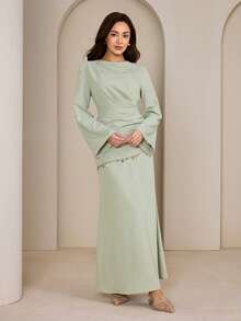 Graceveil 女士纯色褶皱优雅收腰长喇叭袖派对连衣裙 - 綠色 - 查看 3