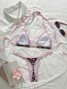 Swim Mod Pink Summer Halter Strap Bikini Set,Floral & Leopard Print,Padded Adjustable Tie Side,Casual Beach Holiday Vacation Two Piece Swimwear - Multicolor - View 3