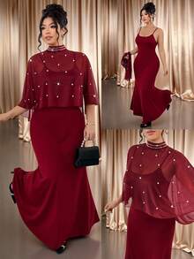 Cravure Bộ đồ 2 mảnh cỡ lớn bằng vải chiffon nhẹ, cổ cao, đính ngọc trai không đều, kết hợp với áo choàng và áo hai dây cạp chun mềm mại, dáng đuôi cá, thanh lịch cho dạo phố, hẹn hò, dự tiệc, buổi tối hoặc tiệc trà chiều. - Màu Đỏ Sâu - Xem 1