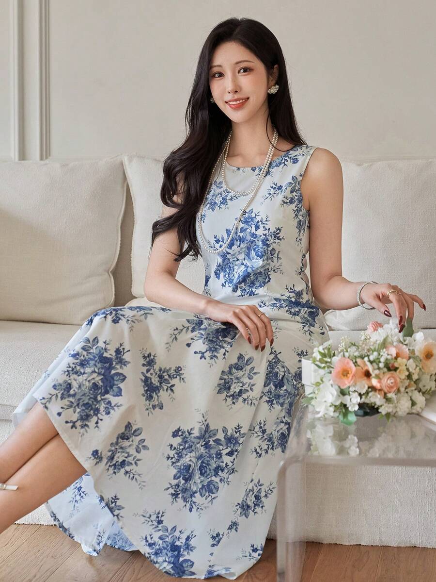 DAZY 女士优雅印花圆领无袖鱼尾中长连衣裙，夏季婚礼宾客礼服 - 藍色 - 查看 1