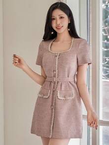 DAZY 女士优雅撞色拼接仿口袋系带夏季迷你连衣裙婚礼宾客礼服 - 粉色 - 查看 4