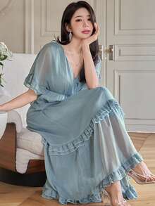 DAZY Đầm maxi nữ thanh lịch màu trơn cổ chữ V viền bèo, đầm dự tiệc cưới mùa hè, đầm maxi chống nắng. - Màu xanh lam - Xem 8