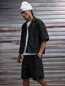 AXEPEAK 男士腰果提花短袖单排扣衬衫和短裤套装 - 黑色 - 查看 8