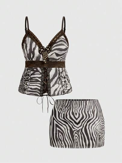 Hippie Plus Size Summer Fashion Zebra Print Criss-Cross Strap Camisole & Mini Skirt 2 Pieces Set