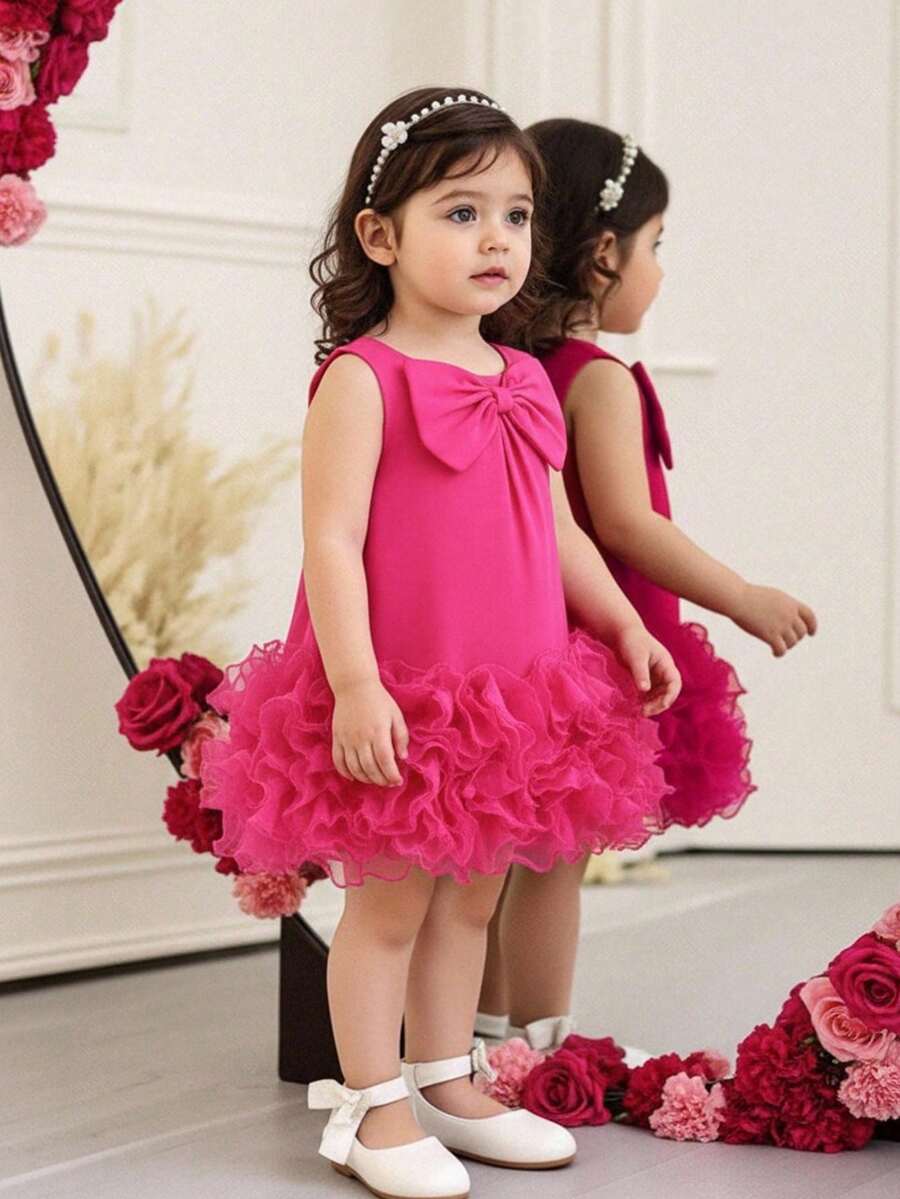 Elladie kids Baby Girls' Elegant Sleeveless Bow Decor Ruffle Mesh Hem Dress, Spring/Summer - Pink - View 1