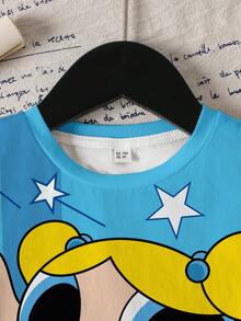 THE POWERPUFF GIRLS X SHEIN Young Girl Blossom, Bubbles, Buttercup Pattern Round Neck Short Sleeve T-Shirt - Multicolor - View 3