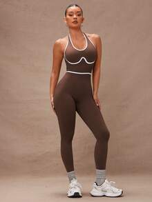 Lumalex Contrast Trim Backless Halter Jumpsuit - Coffee Brown - View 1