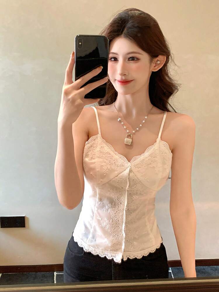 Women's Lace Trim Camisole, Casual Korean Style Sleeveless Top
