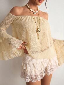 Freevana Bohemian Apricot Lace Open Shoulder Blouse, Sheer Floral Puff Sleeve Layered Ruffle Trim Loose Vacation & Commute Versatile Elegant Blouse For Women - Apricot - View 5