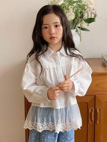 Dazy Kids 女童蕾丝拼接翻领长袖纯色衬衫，春秋季 - 白色 - 查看 3