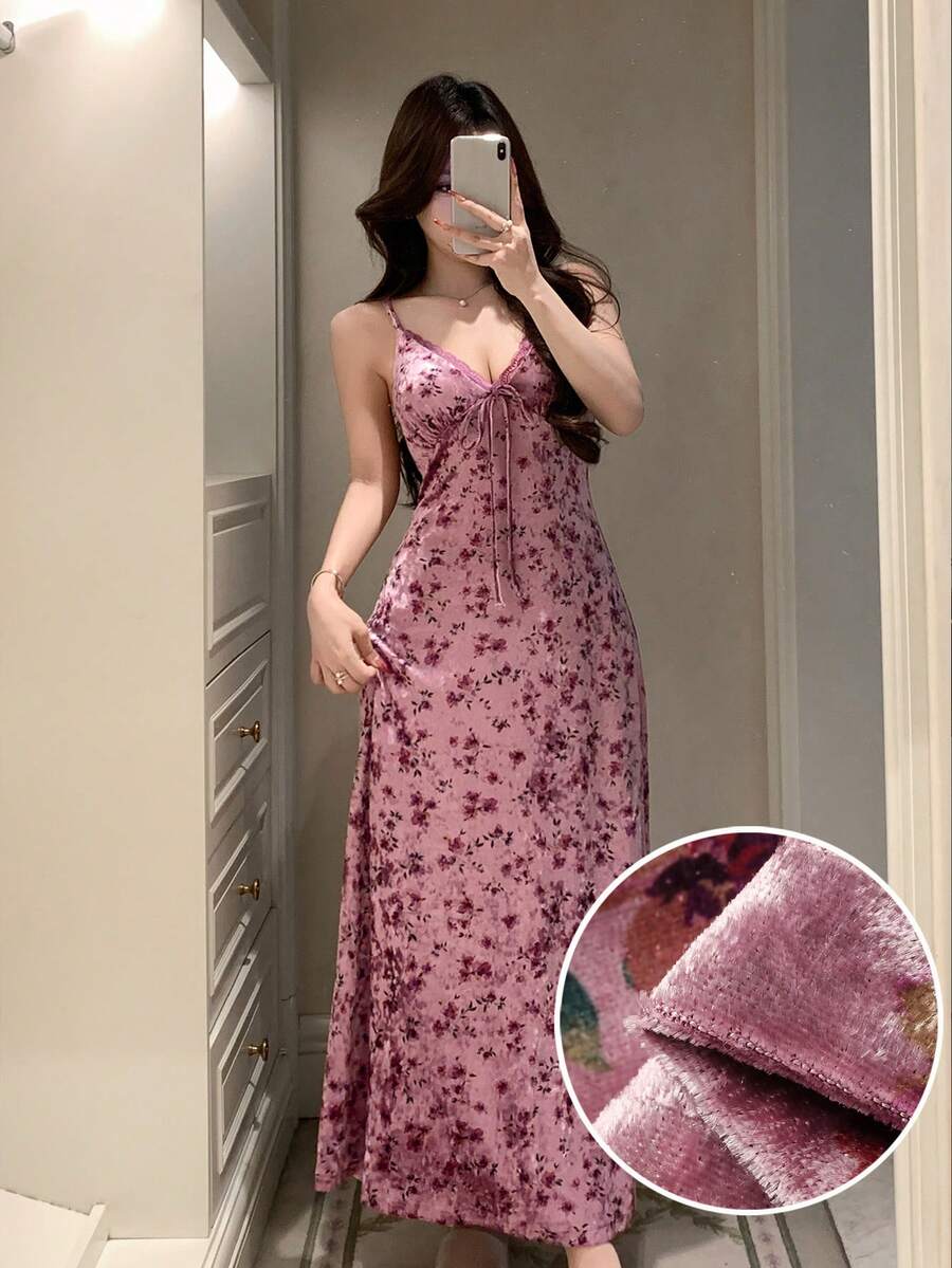 DAZY Charming Vintage Floral Pattern Velvet & Lace Patchwork Slim Fit Long Nightgown For Women - Dusty Purple - View 1