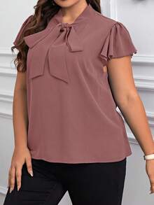 Reflora Camisa de manga corta con tirantes de lazo de unicolor minimalista para uso diario en tallas grandes - Rosa coral - Ver 5