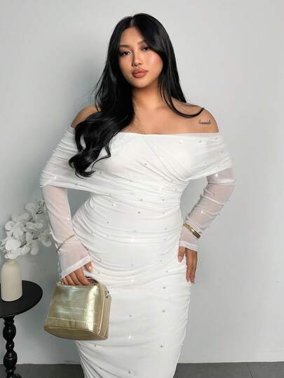 Firerie Plus Size Women Elegant White Off-Shoulder Pearl Decor Ruffle Fitted Slimming Romantic Party Date Maxi Dress, Valentine's Day White Pearl Dress White Rhinestone Dress Curve White Dresses White Mesh Dress Off Shoulder White Dress Spring Outfit Women Spring Dress For Women