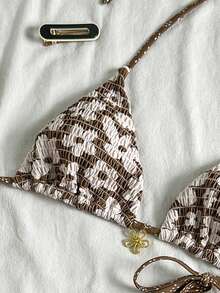 Swim Mod 2pcs/Set Women Summer Halter Floral Print Lace-Up Side Tie Bikini Set, Beach Vacation - Multicolor - View 6