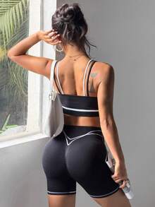 Dewbera Dewbera 2pcs/Set Seamless High Elasticity Sports Fitness Yoga Bra And Shorts Set - Black - View 2