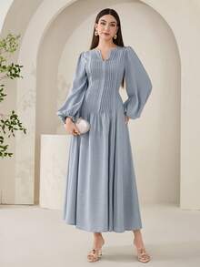 Veilorie Đầm Ả Rập thanh lịch, màu trơn, cổ chữ V, tay phồng, xếp ly dành cho nữ - Màu nâu  Mocha - Xem 5
