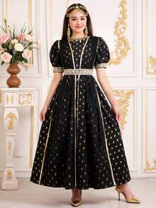 SHEIN Teen Girl Summer New Thin Hot Stamping Polka Dot Short Sleeved Elegant Vacation Waist Cinching High-End Feeling Retro Dress Showing Ladylike Medium Long Skirt - Black - View 8