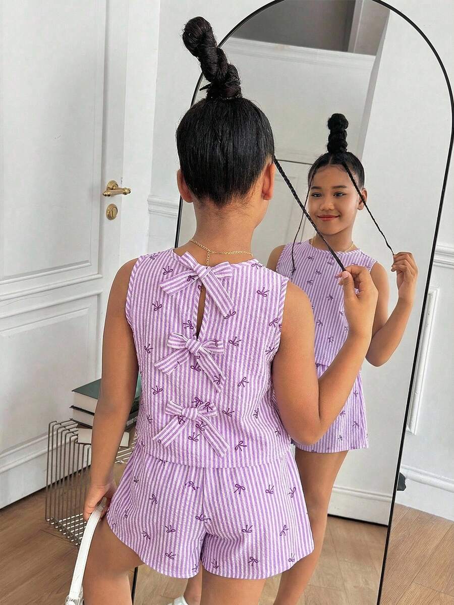 SHEIN Conjunto de top sin mangas y shorts con decoración de lazo para niñas preadolescentes - Rosa - Ver 1
