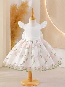 Glamorique Kids 女童无袖白色派对礼服，V领露背，缎面蝴蝶结，刺绣花朵裙摆，优雅适合花童、婚礼、正式场合 - 白色 - 查看 2