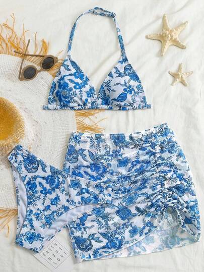 SHEIN Tween Girls Blue & White Floral Print Bikini Top, Spaghetti Strap, And Skirt Swimsuit Set, For Spring/Summer Beach Vacation