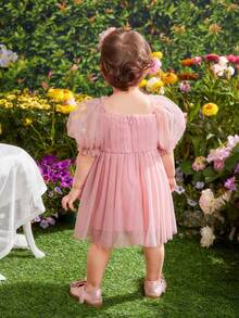 SHEIN 女婴优雅可爱粉色网纱蝴蝶结荷叶边短袖连衣裙 - 粉色 - 查看 2