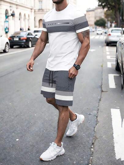 Manfinity Homme Paris Style Striped Gradient Men's T-Shirt Set