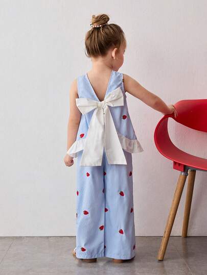 Maija Kids Young Girl Woven Blue & White Striped Strawberry Embroidered Graphic Tank Top And Pants Casual Set