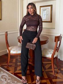 Maria Perezxox Women's Floral Lace Stand Collar Long Sleeve Sexy Bodysuit - Coffee Brown - View 5