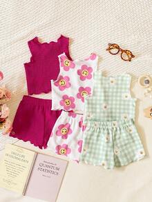 SHEIN 6件套女婴幼儿0-3岁休闲日常基础款度假柔软波浪针织面料无袖上衣背心T恤短裤6件套，杏色、春绿色、黑色3色套装 - 彩色 - 查看 2