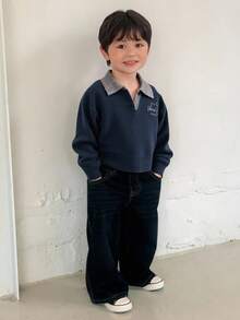 DAZY 男童翻领撞色长袖毛衣，秋冬季 - 藍色 - 查看 4
