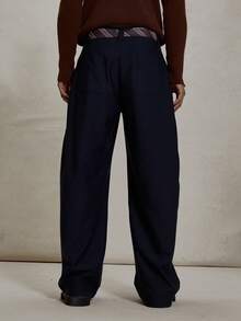 Musero 筒形宽松修身西装裤，条纹腰带系带，冬季必备单品 - 藏蓝色 - 查看 4