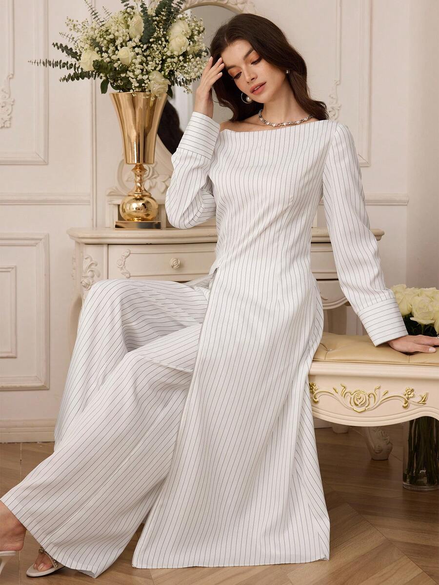 Modelyn Women's Striped Off-Shoulder Long Sleeve Zip-Up Top And High Waist Wide Leg Pants 2-Piece Set, Commuting & Casual Wear - White - View 1