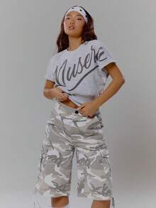 MUSERA Cinched Waist Logo Print Top Streetwear Coolgirl Winter Sexy Casual Odd Drift - Grey - View 5