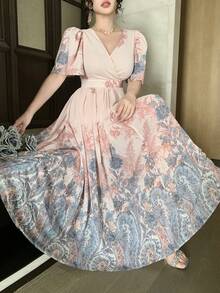 DAZY 女士优雅碎花V领泡泡袖中长连衣裙，夏季吊带裙 - 藍色 - 查看 3