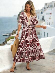 Breezaya 女士法式设计印花收腰飘逸流苏V领长款连衣裙，度假风 - 紅白色 - 查看 4