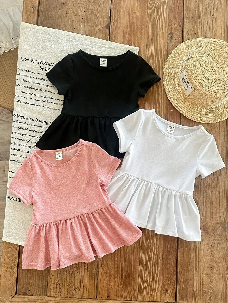 SHEIN LMoss Kids LMoss 女婴三件套简约休闲纯色针织短袖衬衫，荷叶边下摆，适合夏季穿着 - 彩色 - 查看 1