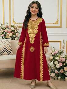 Tween Girls Cute, Elegant, Vintage Distinctive Burgundy Dress With Golden Lace Print, Suitable For Spring/Summer, Festive Occasions - Multicolor - View 3