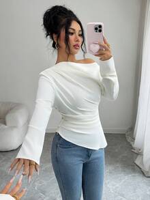 Feyla Women's Casual Commuter Pleated Oblique Collar Shirt White Tops Women White Elegant Top White Blouse One Shoulder Top One Sleeve Top - White - View 5