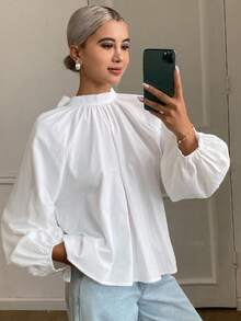 Livesso 女式夏季露背蝴蝶结长袖衬衫学院风上衣秋季上衣 - 白色 - 查看 6