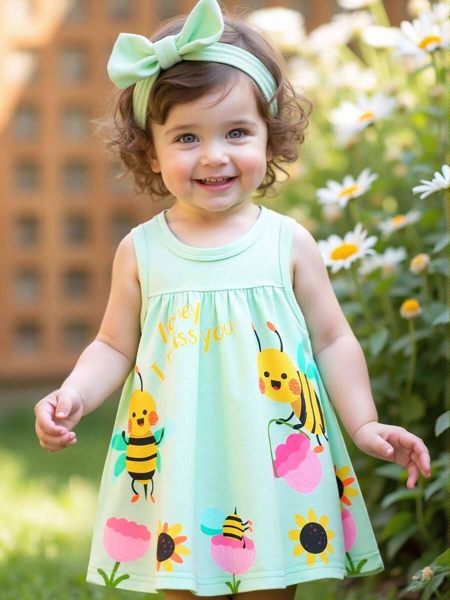 SHEIN Playful Pals 女婴可爱蜜蜂图案无袖连衣裙，春夏新款时尚单品 - 綠色 - 查看 1