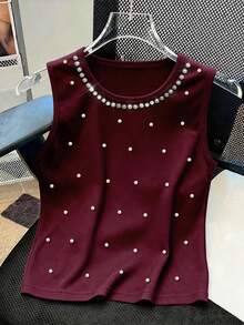 Resyla Sparkling Rhinestone, Beaded Crafted Fashionable Minimalist Women's Tank Top, Gift For Friends - Burgundy - View 4