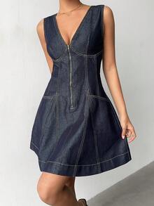 Aloruh Women's V-Neck Zipper Front Sleeveless Casual Denim Dress,Valentine's Day,Summer,Carnival,Beach,Party,Elegant Party Dress,Going Out - Blue - View 8