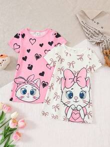 SHEIN 2pcs Baby Girl Knitted Cute Animal Pattern Round Neck Casual Dress & Loungewear Set - Multicolor - View 3