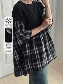 FRIFUL Women's Plaid Short Sleeve Loose Casual Versatile T-Shirt, Spring/Summer - Black - View 7