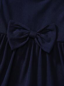 女婴圆领短袖蝴蝶结装饰可爱连衣裙 - 藍色 - 查看 4